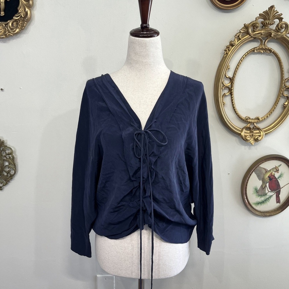Sandro‎ Paris Navy Blue Long Sleeve Lace-Up Front Blouse Size M